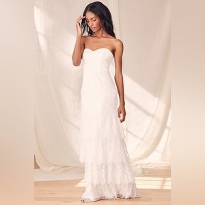 Lulu’s End With A Kiss White Floral Lace Strapless Tiered Maxi Dress